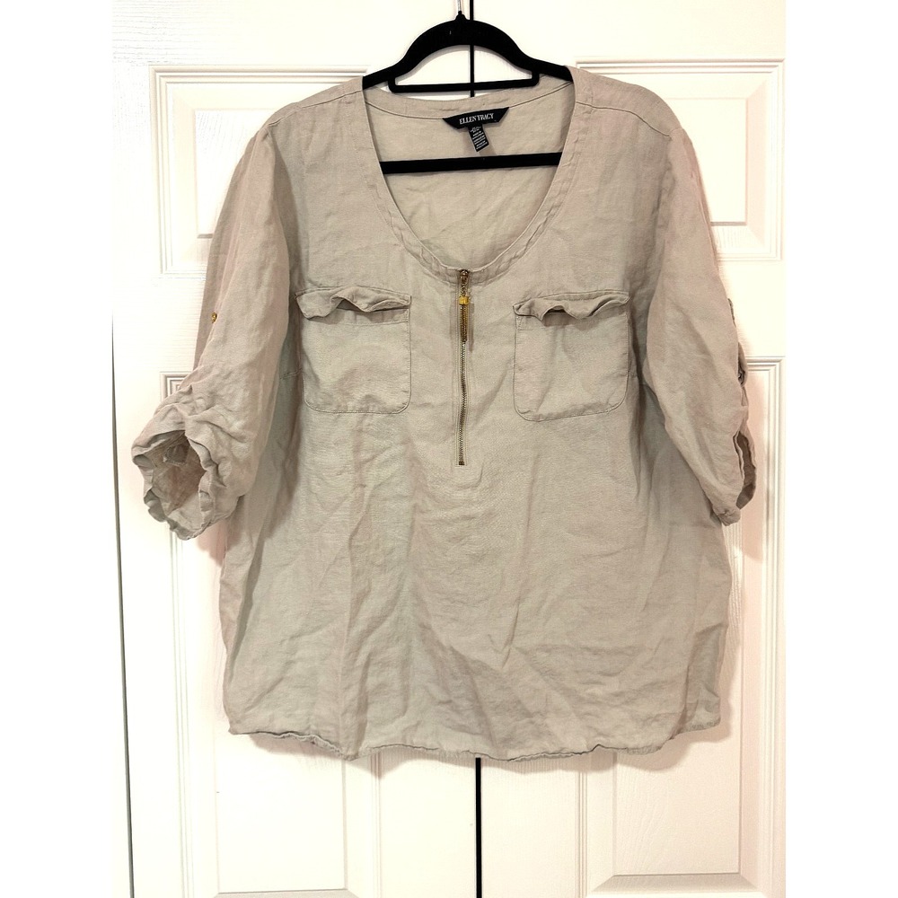 Ellen Tracy Beige Linen Top XL Roll Tab 3/4 Sleeve 1/4 Zip Cottage Coastal Beach